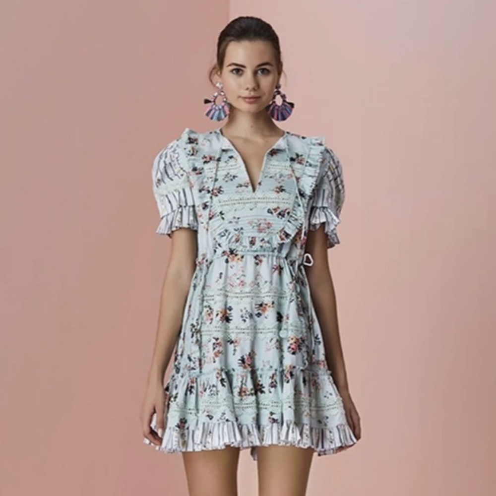 HEMANT & NANDITA dress women’s small green short mini floral ruffles ties boho